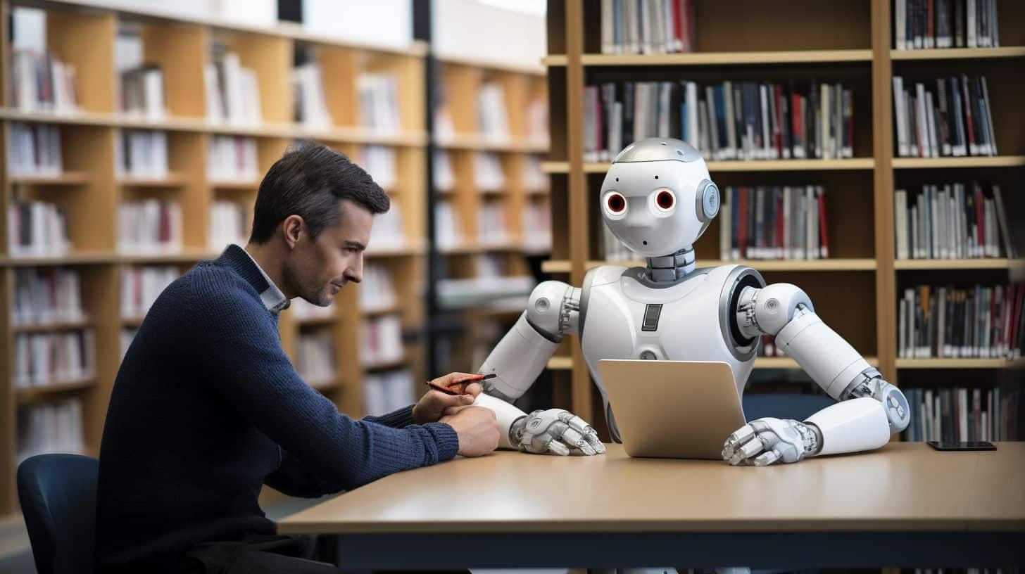 A person and an AI robot studying together in a library.